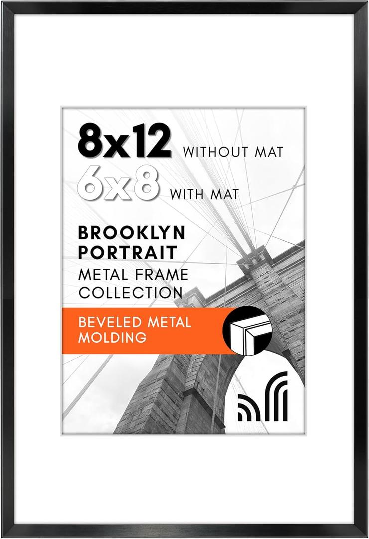 Americanflat 8x12 Metal Picture Frame with Tempered Glass - Use as 6x8 Frame with Mat or Display 8x12 Photo Without Mat - Brooklyn Collection - Picture Frames for Tabletop or Wall - Black