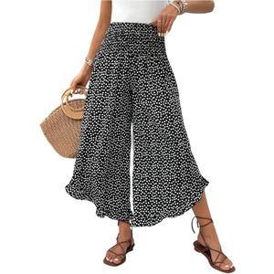 OYOANGLE Women's Polka Dots Flowy Palazzo Pants High Waisted Ruffle Wide Leg Cropped Trousers (Medium, Black)
