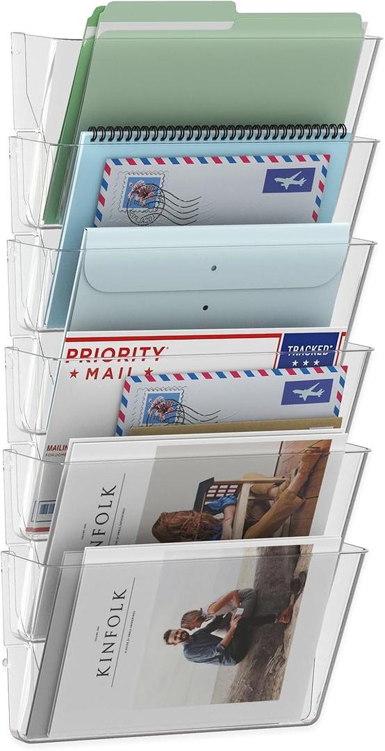MINDEPOT 6 Pockets Acrylic Wall File Organizer, Clear Wall File Holder, Plastic Hanging Wall File Holder for Office, School and Home, Clear