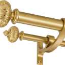 Heavy Duty Double Curtain Rod with Palm Leaves Finials and Aluminum Bouquet Brackets,Double Curtain Rods for Windows 140 to 164 Inches,1 Inch Front, 5/8 Inch Back Double Rods,Gold