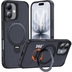 Designed for iPhone 17 Case with 360 Magnetic Stand, Carbon Fiber Phone Case [Compatible with Magsafe] [15FT Military Protection] with Stand Ring 6.3'', Black