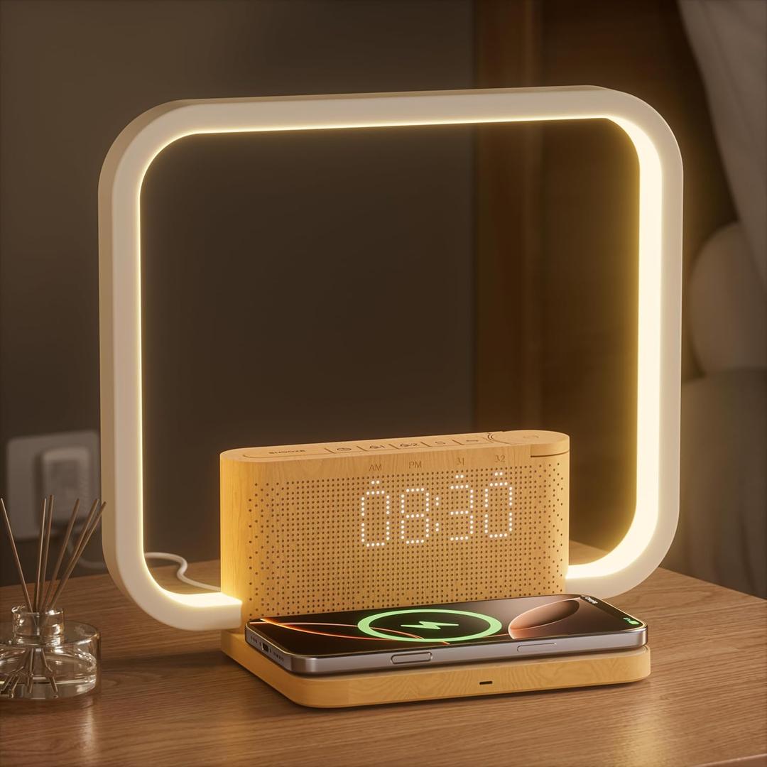 Sunrise Alarm Clock with Wireless Charging Desk Touch Lamp 3 Level Dimmable Wake-up Light Bedside Lamps for Bedroom Living Room,Sunrise Lamp with 10 Natural White Noise Sound 30/60/90 Mins Countdown