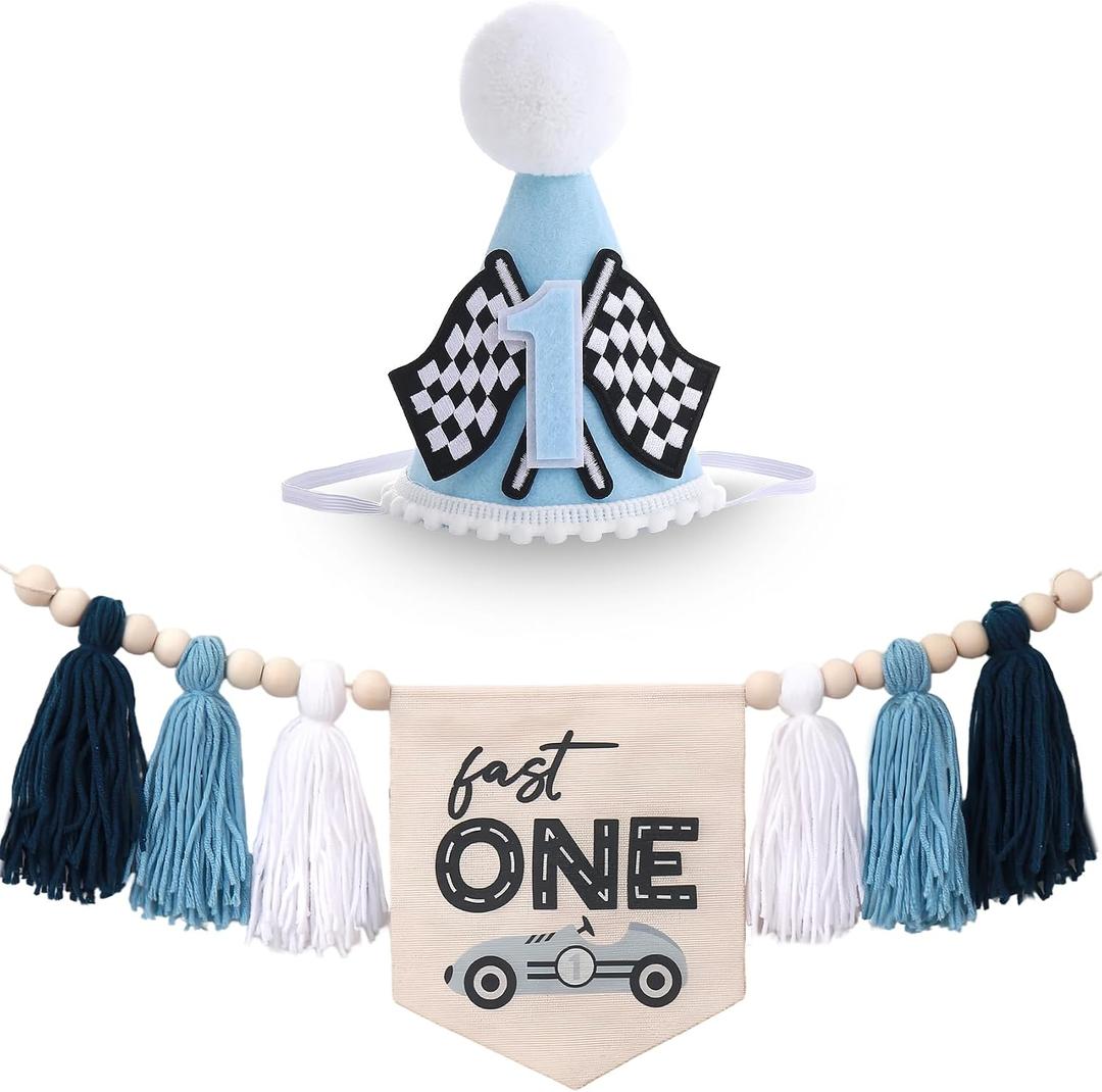 Fast One Race Car HighChair Banner - Milestone Set High Chair Banner & Hat, Blue Decor 1st Birthday Celebration, First Lap Event Baby Photo Props