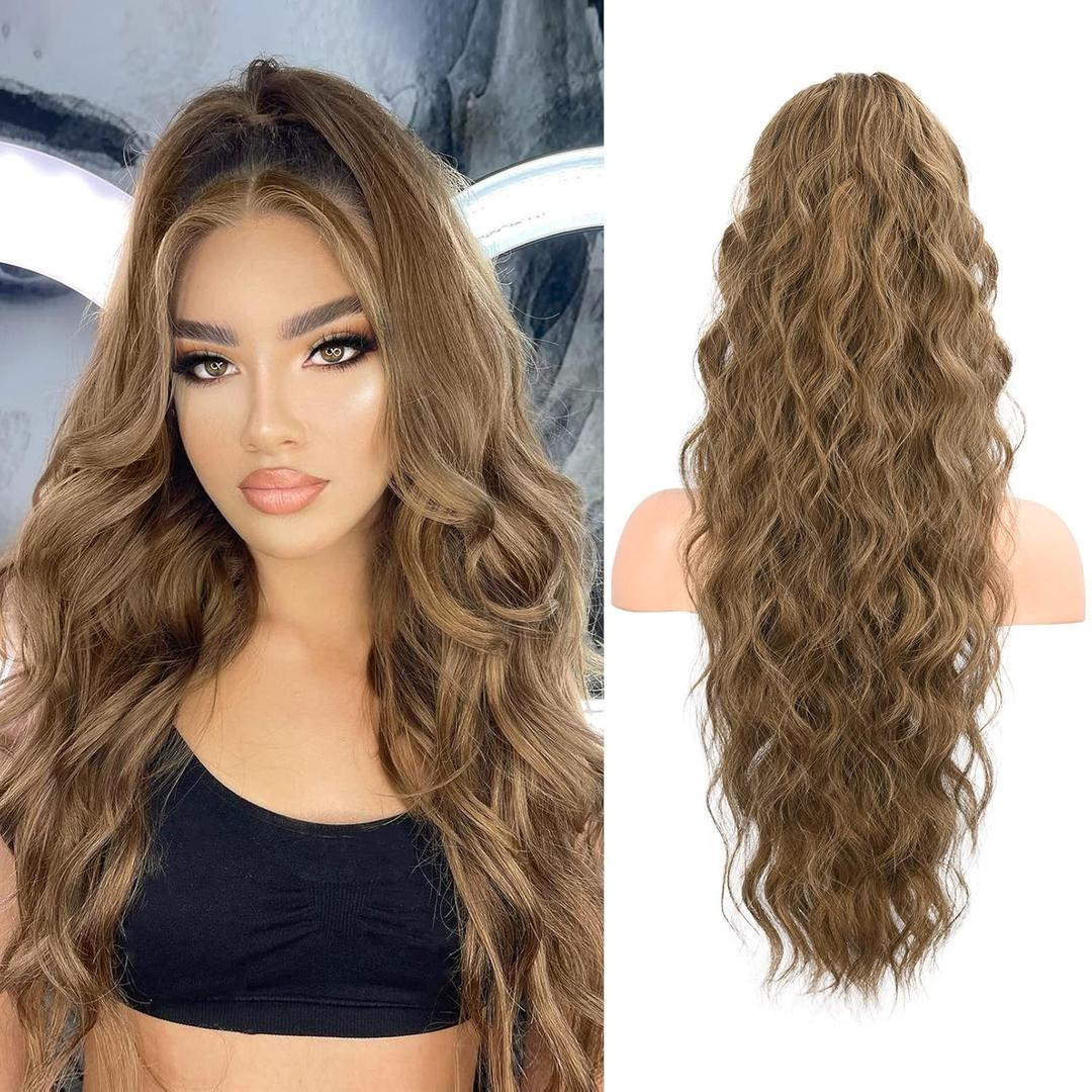 FLUFYMOOZ Ponytail Extension, 26 Inch Drawstring Ponytail Hair Extensions for Women Long Curly Wavy Ponytail Natural Synthetic Hairpiece for Women (26" Dark Ash Blonde with Highlights)