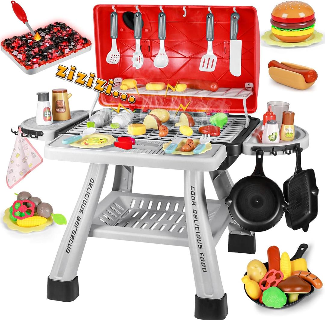 2026 Kids Kitchen Playset Toy Grill BBQ with Smoke Light Pretend Play Food Toys Cooking Set 2-Layer Barbecue Gifts for Toddler Boys Girls 3-5 6 7 (Red)