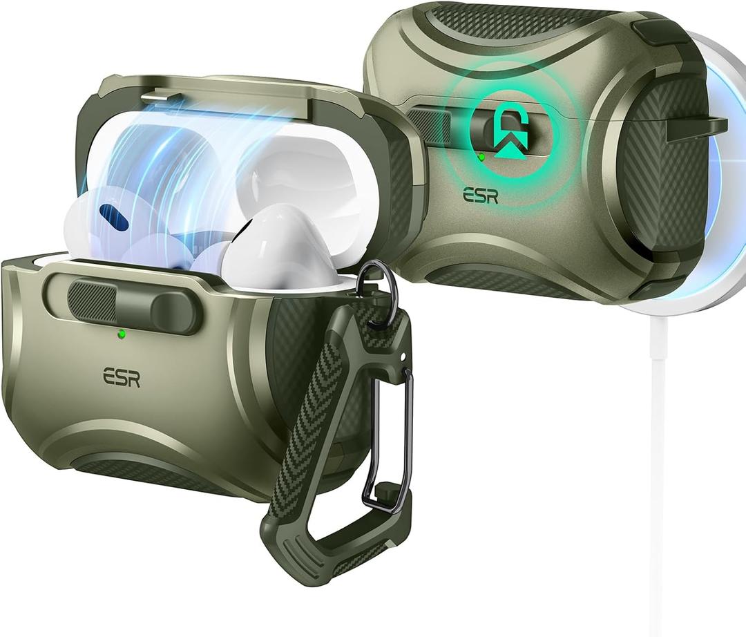 ESR for AirPods Pro 2 Case (2023/2022/2019, 2nd/1st Gen), Compatible with AirPods Pro 2nd Generation (USB-C/Lightning Cable), Effortless MagSafe, Drop-Proof Lock, Easy Open, Cyber Series,Army Green