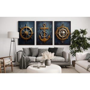 Boat Anchor Compass With Rope Wall Art Canvas Print | Beach House Wall Art 3 Panel Floating Frame 16x23