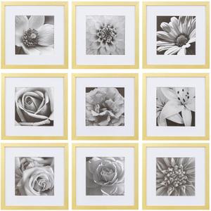 eletecpro 12x12 Picture Frames Set of 9 with Mat for 8x8 Photos or without Mat for 12x12, Square Gallery Wall Decor Collage for Picture Display, Gold Frame Set for Wall Hanging