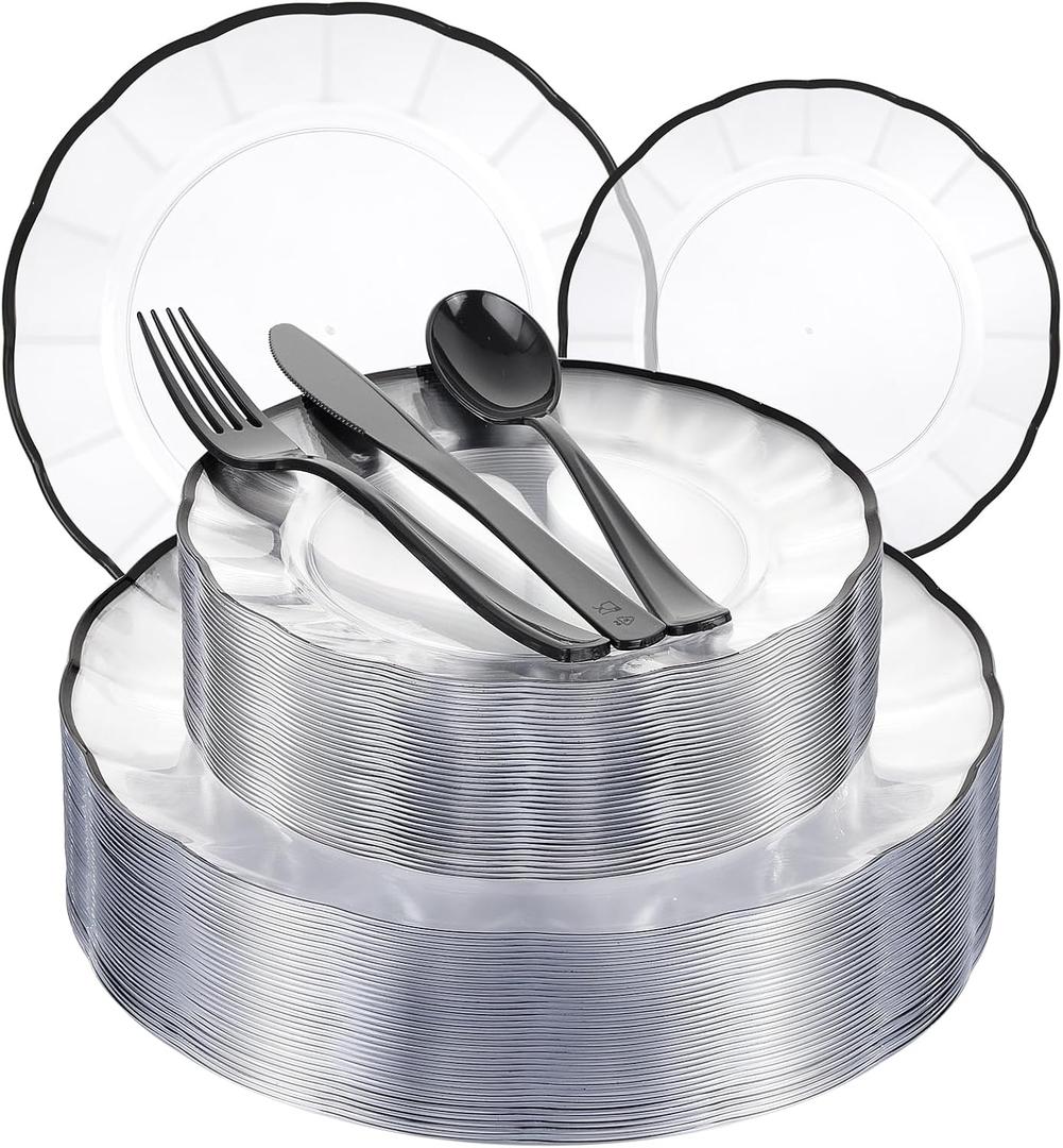 EI 150pcs Clear and Black Plastic Plates Dinnerware Disposable Party Set for 30Guests,Dinnerware Include 60 Clear Plates Disposable 90 Black Silverware,Perfect for Party,Business Events,Hotel
