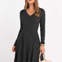 ANRABESS Women Long Sleeve Ribbed Knit Short Dresses 2026 Spring V Neck Casual Swing A Line Sweater Dress (Black, L)