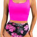 Women Two Piece Tankini Swimsuits - Crop Swim Top with High Waisted Bottom Tummy Control Bathing Suits Swimwear (Small, Pink Floral)