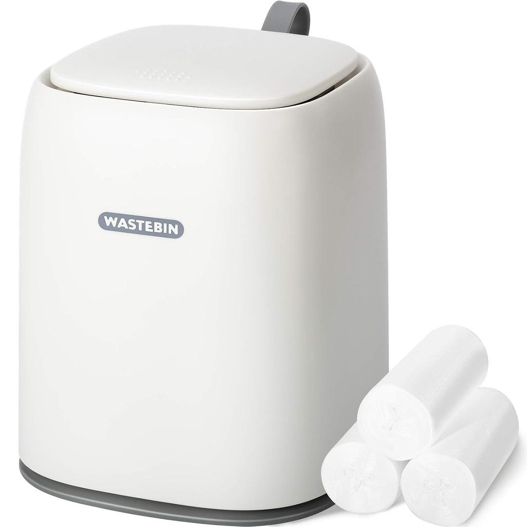 Mini Countertop Trash Can with 3 Rolls of Trash Bags, Waste Can with Press Type Lid, 1.5 L / 0.40 Gal Wastebasket Dispenser, Bin for Coffee Table, Bathroom Vanity Top (White)