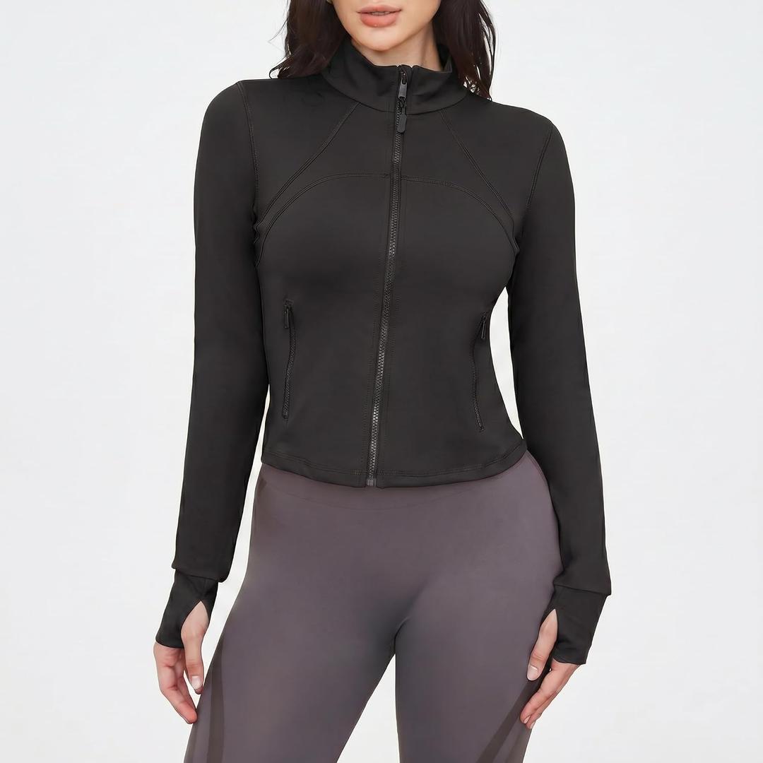 Workout Jackets for Women: Athletic Gym Running Cropped Zip Up Tops with Thumb Holes Slim Fit Lightweight Sportswear (Black, Large)