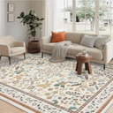 GarveeHome 9x12 Washable Area Rug for Living Room Modern Floral Beige Carpet Non-Slip Low Pile Contemporary Leaf Flower Botanical Rug Easy-Clean Pastoral Area Rug for Dining Bedroom Nursery