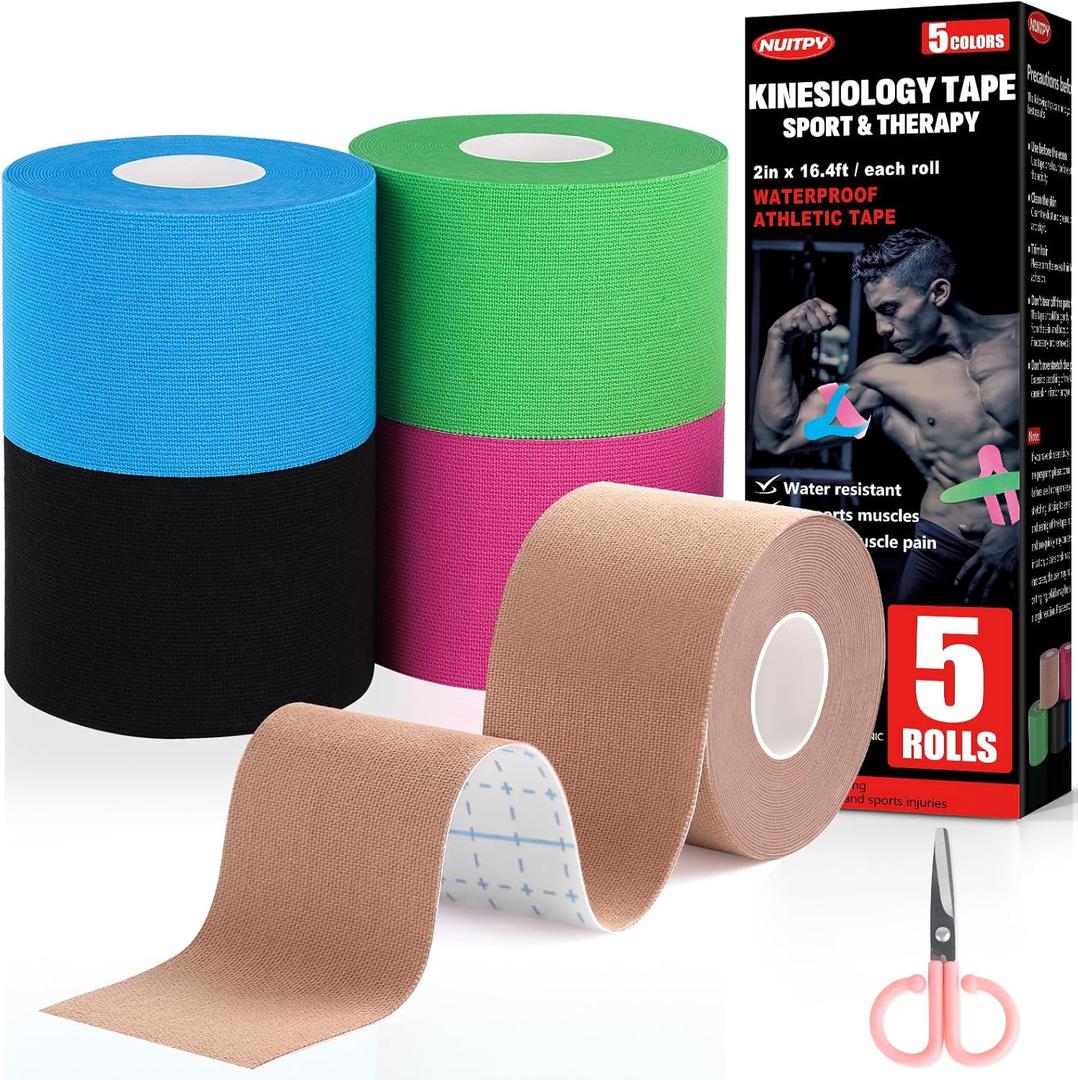 5 Rolls Kinesiology Tape, 5 Colors 2 inch x 16.4 Feet Waterproof Athletic Tape, Uncut Kinetic Tape, Elastic Muscle Tape, Sports Tape, Knee Tape for Exercise and Daily Use (Skin Colour, Light Blue, Green, Roseo, Black)