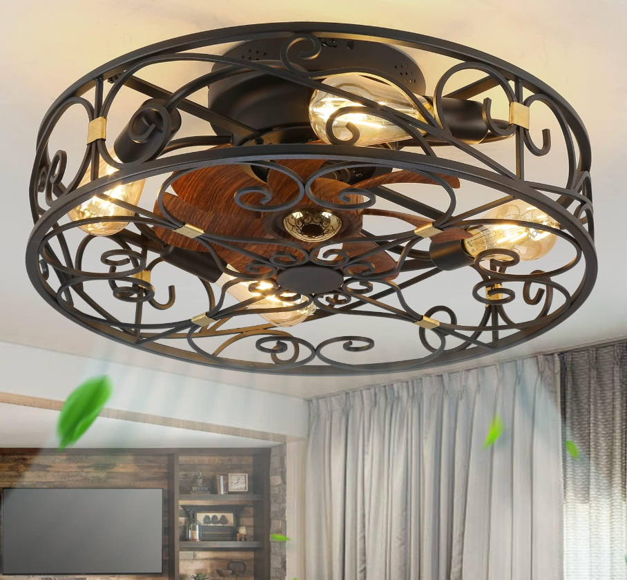 20" Caged Ceiling Fan With Light And Remote，bladeless Ceiling Fan 6 Speed Reversible With 4 Bulbs and Remote Control. With Lights for Bedroom, Dining Room