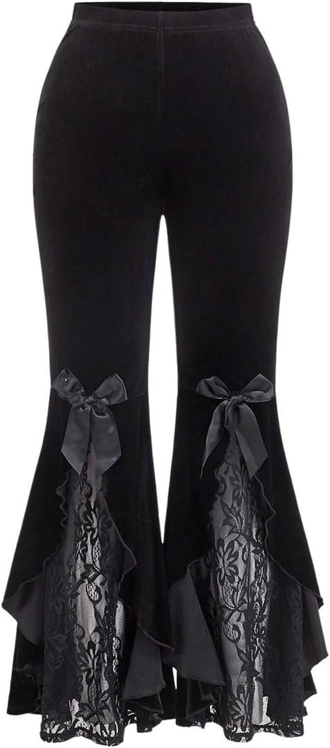 WDIRARA Women's Plus Size Velvet Lace Flared Pants High Waist Bell Bottoms Rave Trousers (XL)