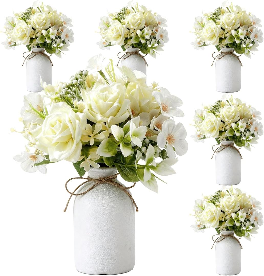 6 Set Fake Flowers with Vase Artificial Roses Bouquets Table Centerpiece Ceramic Vase Rope Decor for Wedding Engagement Holiday Party Bridal Shower Home Decor(Classical White)