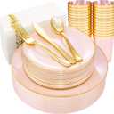 Rubtlamp 210Pcs Plastic Pink Plates with Gold Plastic Silverware Set Include 30Pink Dinner & 30 Dessert Plates, 90Gold Cutlery, 30Gold Cups, 30Napkins, Pink Dinnerware for Mother's Day
