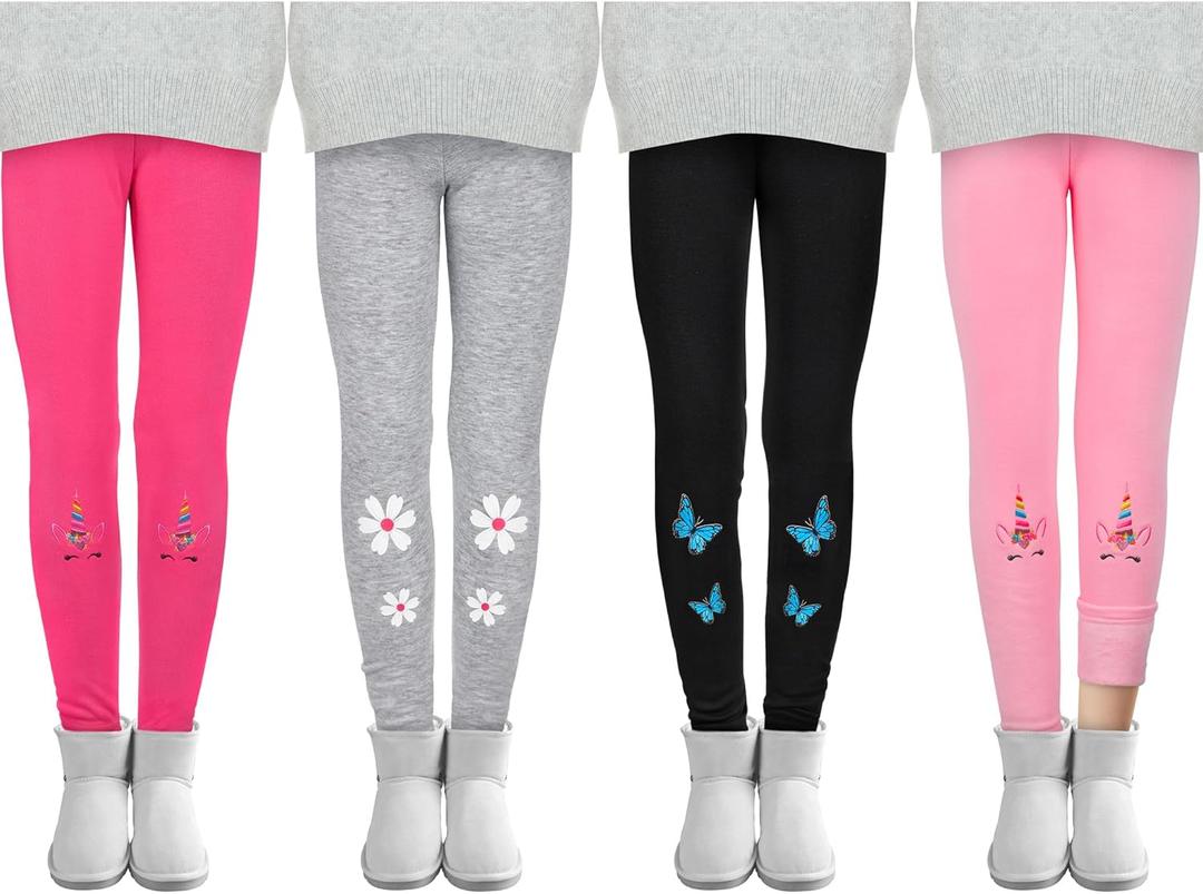 Cooraby 4 Pack Girls Winter Fleece Lined Leggings Girls Thick Warm Leggings Stretchy Thermal Tights Kid Winter Printed Pants (Pink)