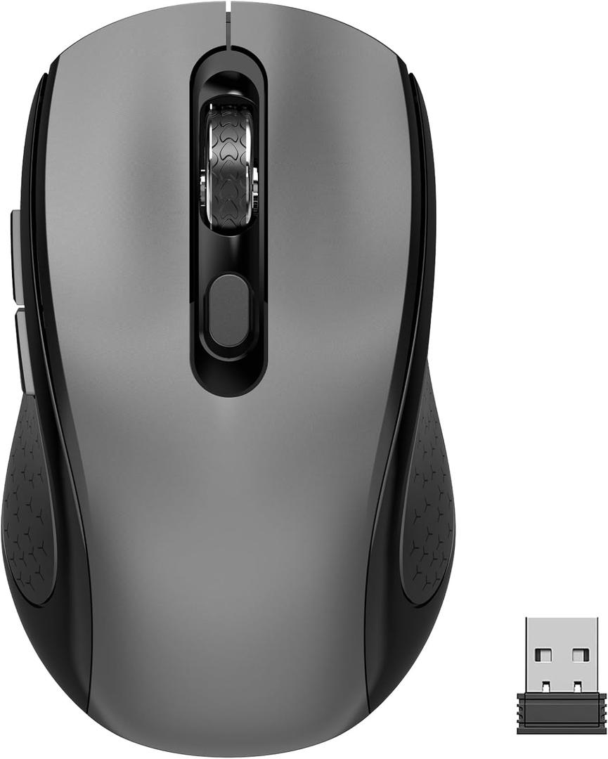 Wireless Mouse with Side Buttons, 2400 DPI, Anti Slip Scroll Wheel, Suitable for Laptops, PCs, Chromebook, Mac, MacBook, Mouse With USB Nano Receiver, 6-Button Wireless Computer Mouse - Gray (Grey)