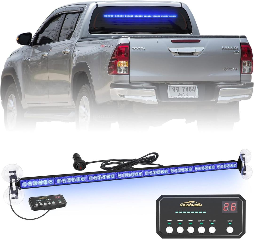 XRIDONSEN 35 inch Traffic Advisor Light Bar 48 LED Strobe Lights Blue Emergency Safety Flashing Warning Lights Front/Rear Window w/Display Controller for Police Firefighter Ambulance Vehicles Trucks