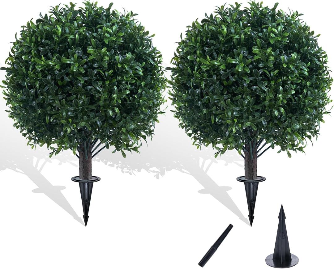 Chillchard Artificial Boxwood Topiary Ball Bush for Outdoor with Spike, UV Resistant Faux Boxwood Ball Tree with Stake for Outside Set of 2, Weatherproof Round Fake Shrubs for Entryway Front Porch
