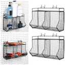 Huwena 2 Pcs Tiered Pegboard Baskets Bins Set with 4 Hooks Black Pegboard Parts Storage System Metal Garage Tool Organizer for Workbench Bathroom Kitchen Accessory Storage(2 Grid,Black)