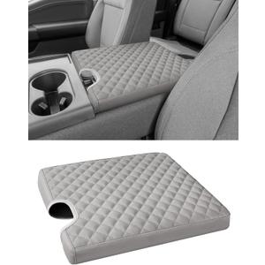 Center Console Armrest Cover for 2015-2025 Ford F150 F250 F350 F450 F550 with 40/20/40 Jump Seat, PU Leather Middle Console Cover Seat Box Lid Protective Cover Cushion Pad, Truck Accessories (Grey Edge)