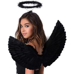 Angel Black Wings and Halo Angel Costume for Girls Kids Women Halloween (Black)