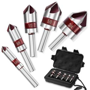 5PCS Cobalt 5-Flute Countersink Drill Bit Set - Heavy-Duty M35 82-Degree Countersink Chamfer Tool Set for Metal,Stainless Steel,Copper,Wood,Fiberboard,Plastic,SAE 3/4,5/8,1/23/8,1/4