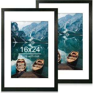 Hongkee 16x24 Frame Set of 2, Rustic Black Wood Style - Display 16 x 24 Picture without Mat or 12x18 Picture with Mat, Wall Mounting Horizontal and Vertical