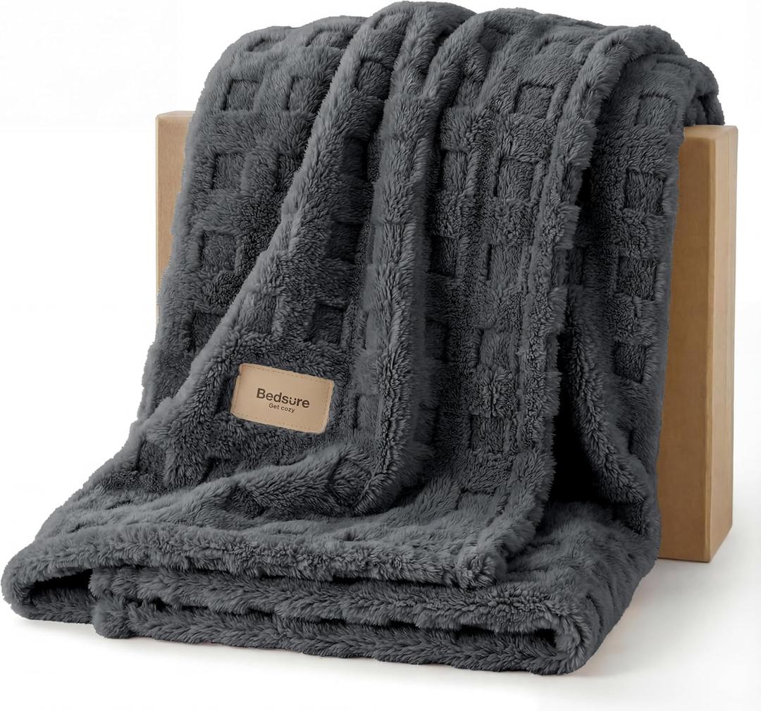 Bedsure Waffle Throw Blanket for Couch - Dark Grey GentleSoft Fluffy Checkered Blanket for Sofa Bed Room Decor, Super Cozy Fleece Throw for Women, Warm Cute All Season Gift, 50x60 Inches