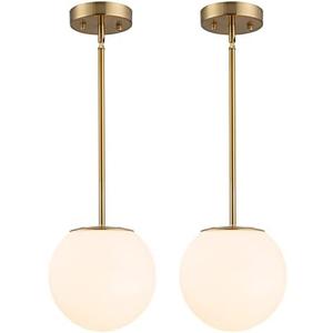 DALIVOL Modern Globe Pendant Light Mid Century Opal Glass Hanging Light Fixture Gold Finish, 2-Light Glass Pendant Lighting for Kitchen Island Dining Room Bedroom Hallway and Bathroom