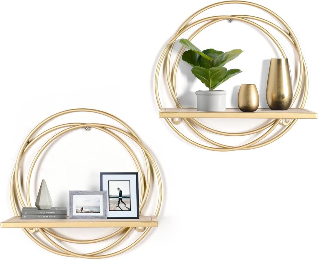 Oakrain Small Floating Shelves Set of 2, Wall Mounted Hanging Shelf with Gold Metal and Wood, Round Wall Shelves for Storage, Living Room Decor, Bathroom, Kitchen, Bedroom, Office