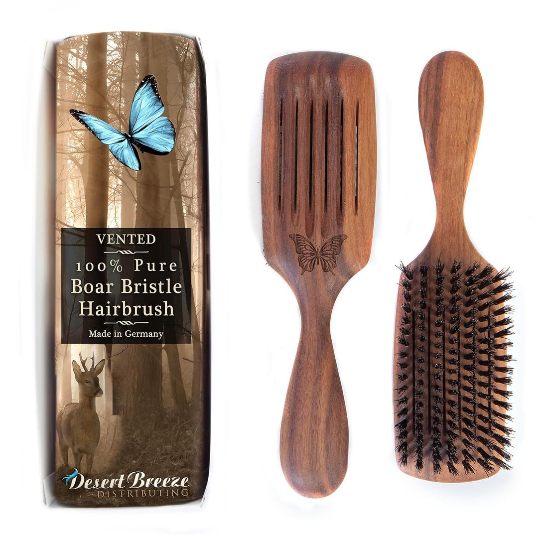 100% Pure Wild Boar Bristle, Vented Hair Brush, for Blow Drying and Natural Shine, Black Walnut Handle, Made in Germany (Dark Brown)