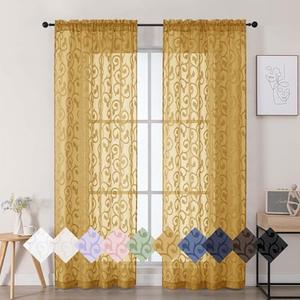 WelvetBLK Gold Sheer Curtains 84 Inches Long 2 Panels Set for Bedroom Living Room, Soft Solid Airy Elegant Geometric Jacquard Clip Light Filtering Curtains Drapes, Gold, 2Pcs Total Wide 84" Inch