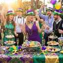 Geyoga 5 Pcs Mardi Gras Costume Accessories Set Mardi Gras Purple Green Gold Beads Necklaces Sequin Bow Tie Sequin Fedora Hat for Women Men Carnival Costume Masquerade Parade Party Decoration Supplies