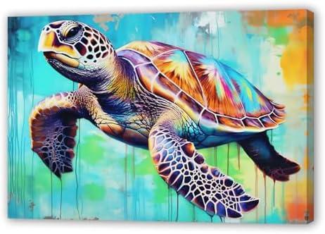 QIXIANG Colorful Marine Life Canvas Wall Art Watercolor Sea Turtle Painting Prints Ocean Themed Decor Artwork for Bathroom Decor Framed (Sea Turtle 3, 16.00" x 24.00")