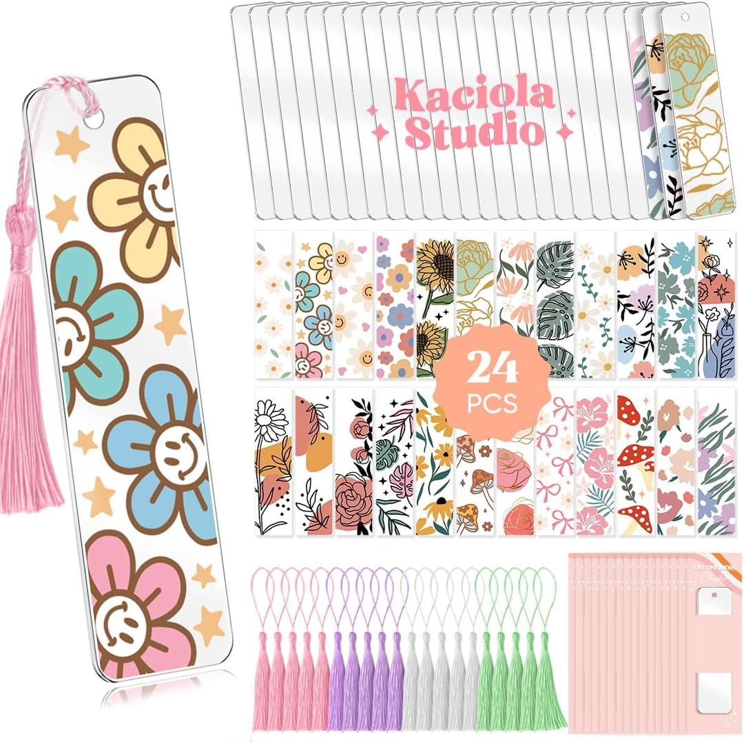 Kaciola 24 PCS Acrylic Bookmark Blanks with 24PCS Flowers Theme UV DTF Stickers and 4 Colors Tassels,Blank Bookmarks UV DTF Transfers Stickers for DIY Crafts Hanging Tag Gift Bookmarks DIY