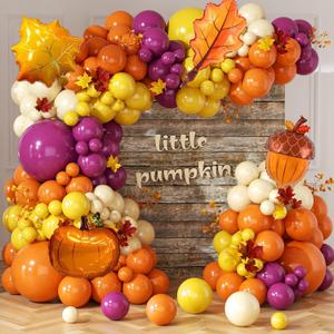 Fall Balloons Arch Garland Kit, 163pcs Retro Orange Heliotrope Yellow Sand White with Pumpkin Acorn Maple Foil Balloons for Autumn Thanksgiving Fall Birthday Baby Shower Harvest Party Decor