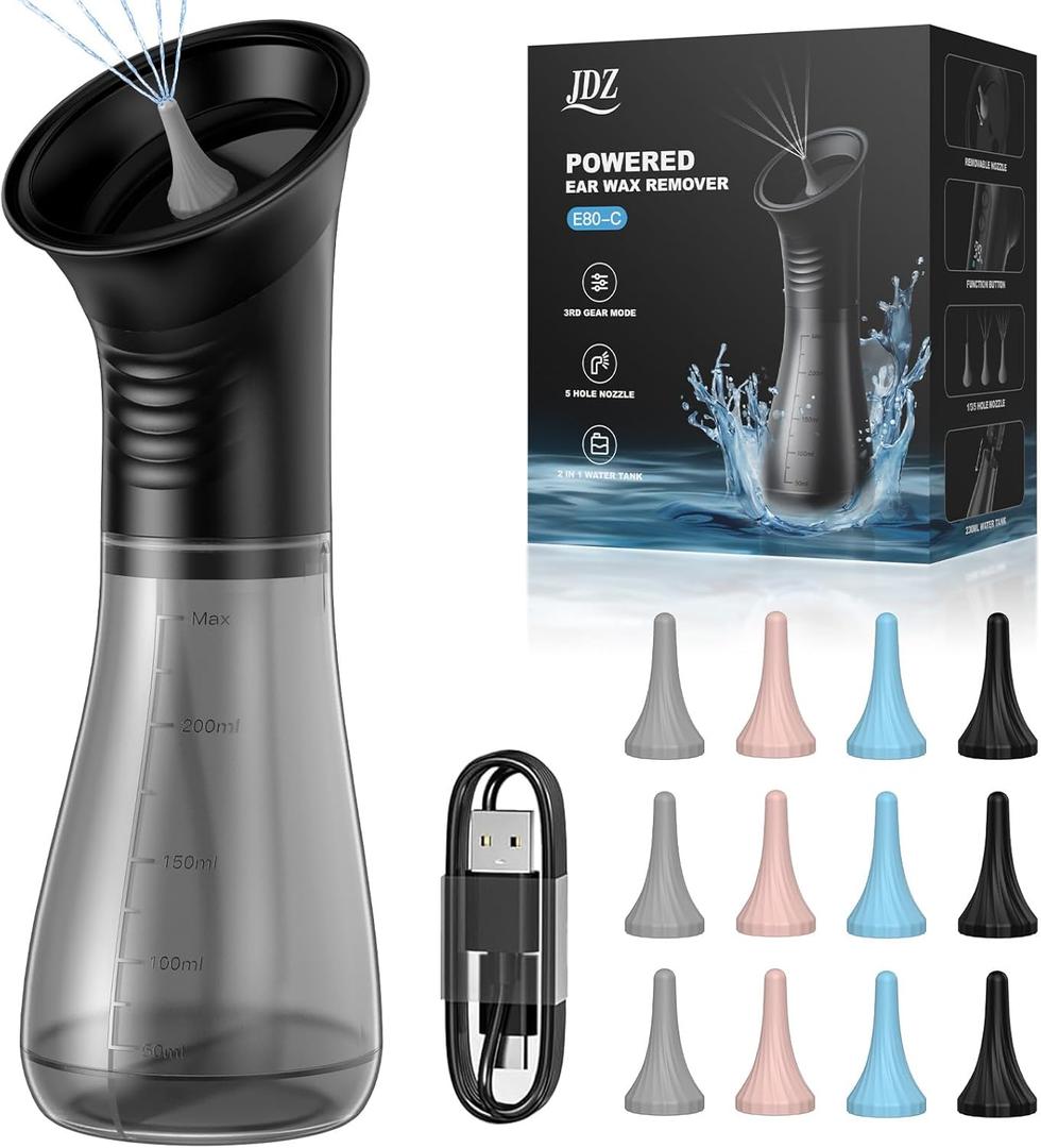 JDZ Ear Wax Removal Kit, Electric Ear Cleaner with Irrigation Flushing System, Safe & Effective Ear Cleaning Tool with LED Display, 3 Pressure Modes, 12 Tips, IPX7