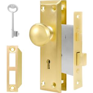 Vintage Door Knob with Lock for Interior Doors Polished Gold, Antique Brass 1 Pack Mortise Lock Set, Old Fashioned Bathroom & Bedroom with Skeleton Key for Old House Doors