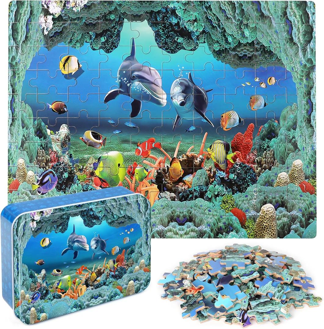 LELEMON 100 Pieces Puzzles for Kids Ages 4-8 Year Old Underwater World Theme Dolphins Fishes Jigsaw Puzzle for Children Learning Ocean Educational Puzzles Toys for Boys and Girls