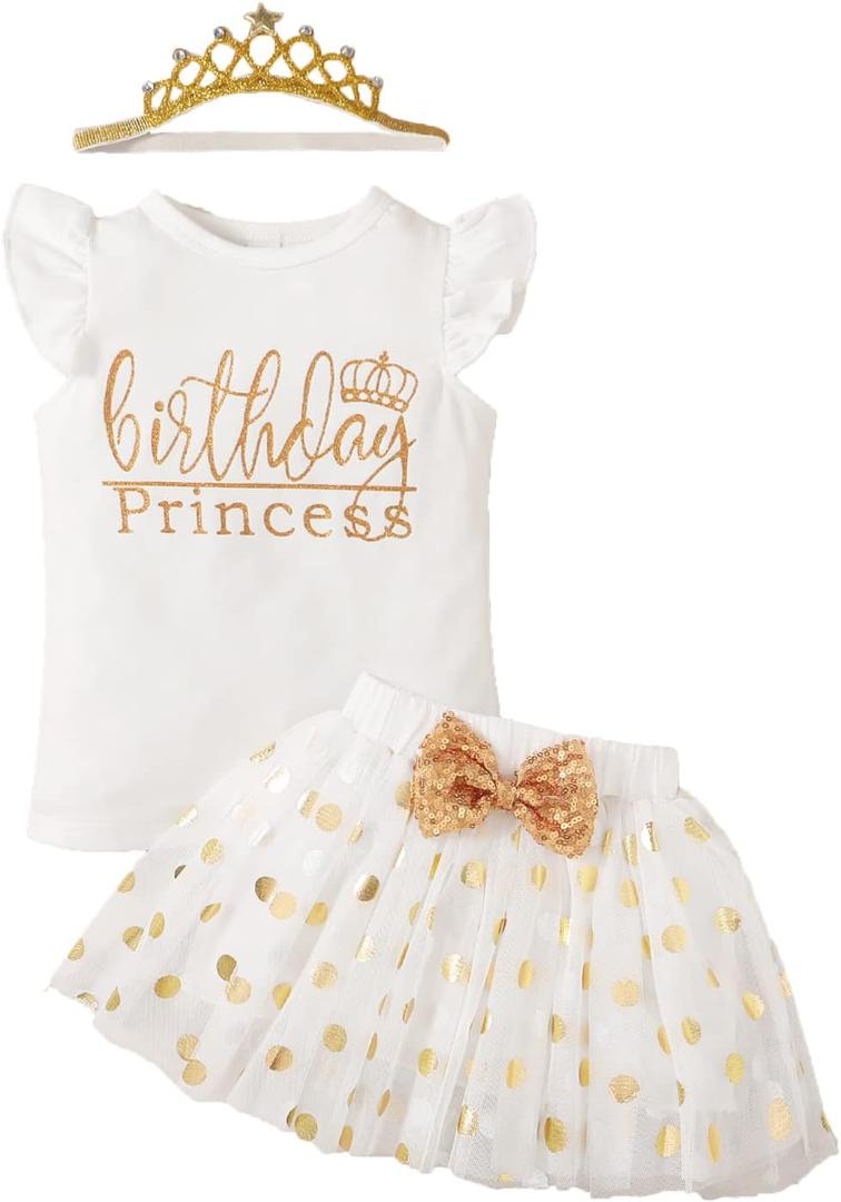 LYSMuch Girls Birthday Outfit Birthday Girls Shirt Princess Tutu Tulle Skirt Headband (Princess White, 2-3Years)