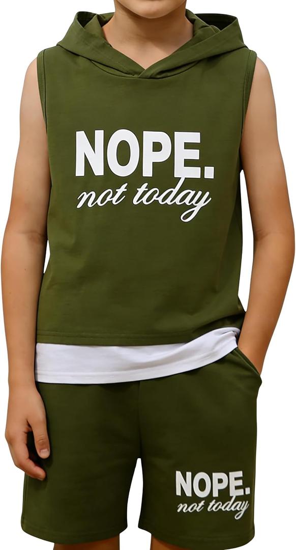 Sizes 7-13 Years Boys 2 Piece Summer Outfits Hoodie Sleeveless Game Controller Tank Tops Workout Shorts (Green)