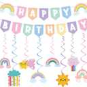 Pastel Rainbow Birthday Party Decorations,Colorful Happy Birthday Banner with Cute Rainbow Hanging Swirls for Girl Boy 1st 2nd Party Decor Supplies
