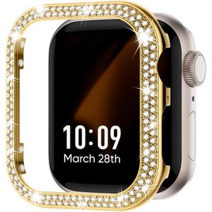 Missair Bling Case Compatible with Apple Watch Series 3 2 1, Women Glitter Double Row Crystal Diamond Frame Stainless Steel Metal Protective Cover Bumper for iWatch 38mm, Gold