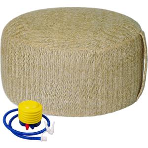 Woven Inflatable Ottoman with Air Pump D21x H10 Outdoor Indoor Pouf Patio Footrest Stool with Portable Handle, Round Ottoman for Patio Garden, Camping, Bedroom, Living Room Natural Color