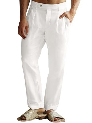 Runcati Mens Casual Linen Pants Pleated Elastic Waist Lightweight Trousers Summer Beach Yoga Pants with Pockets White